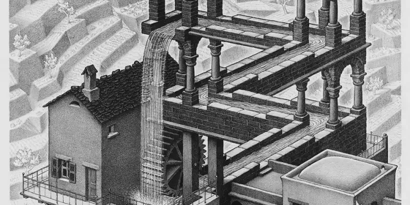 M.C. Escher, La cascata, litografia, 38,0 x 30,0 cm, ottobre 1961