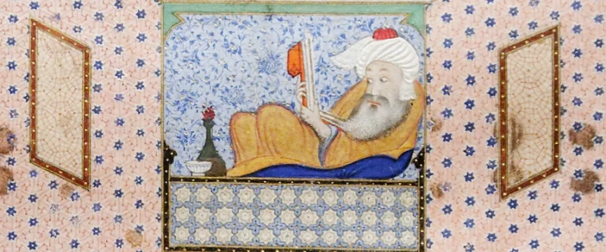 «Allegoria dell'ebbrezza», dettaglio. Hafez appare alla finestra sopra le giare, dipinto da Sultan Muhammad intorno al 1531. Depiction_of_Hafiz